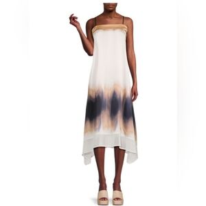DKNY Tie Dye Print Asymmetric Midi Dressi Sz LARGE Peach Blue Boho